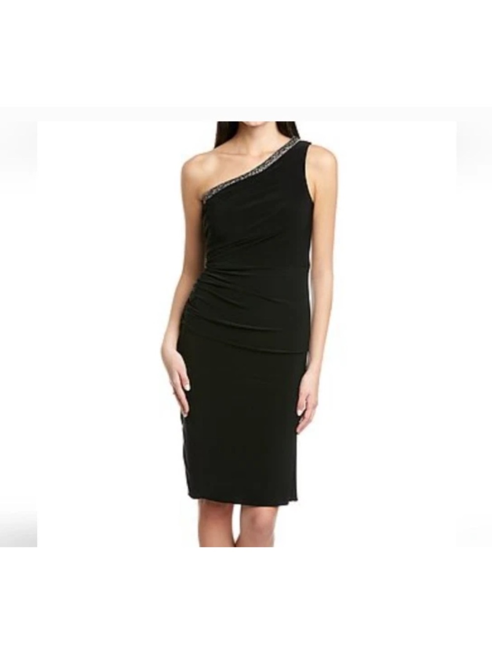 Adrianna Papell Black One Shoulder Cocktail Dress w/ Rhinestone Trim - 14 XL